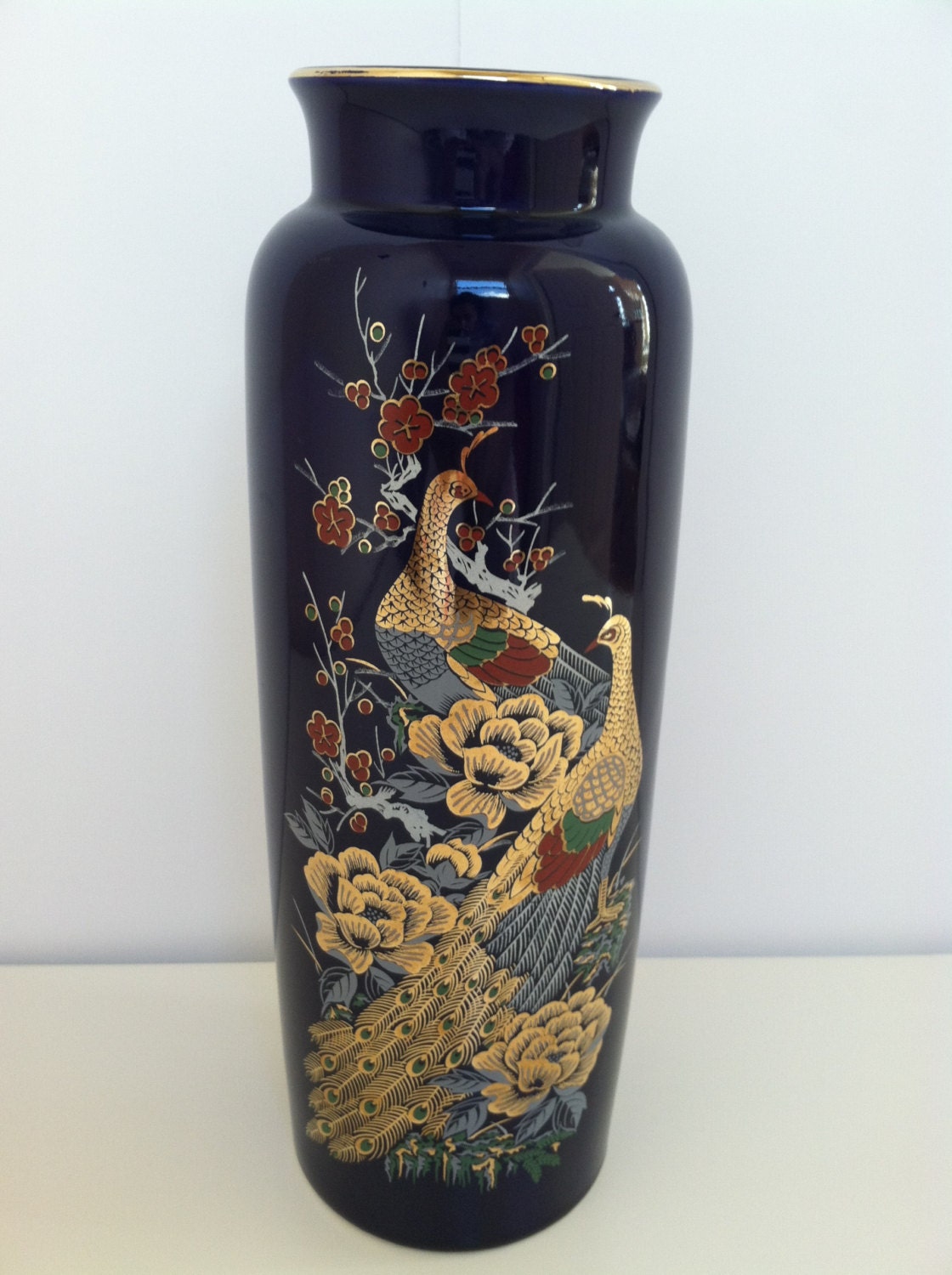 Imperial Japan Cobalt Vase with Peacocks Interpur by Vintagefully