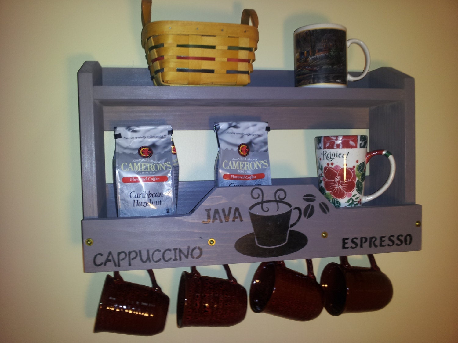 Coffee Cup Rack and Shelf...Gray Wood Coffee Cup Rack