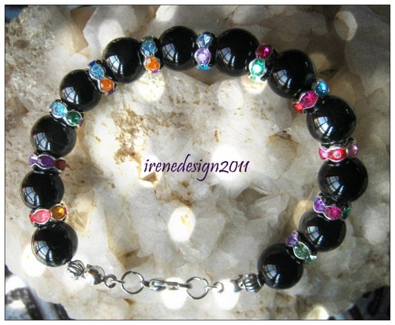 Beautiful Handmade Silver Bracelet with Black Onyx & Swarovski by IreneDesign2011