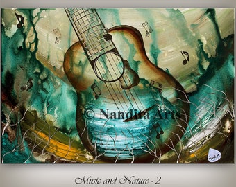 ABSTRACT GUITAR PAINTING, Original Modern Music art on sale fine art gallery green contemporary art, Artwork, Gift, Home decor by Nandita