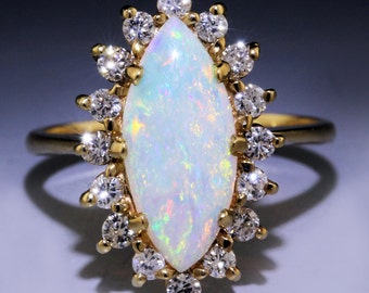 Estate Marquise Shape Opal & Diamond Halo Cocktail Ring in 14K Yellow Gold