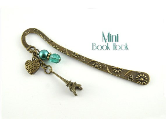 Paris Metal Bookmark - Eiffel Tower, Heart & Teal Beads - Mini Book Hook in Antique Bronze