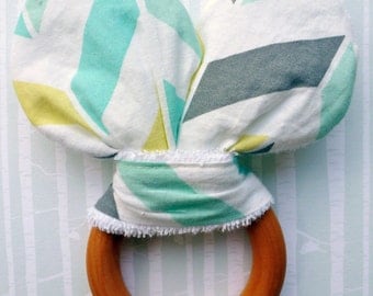 Bunny Ear Teether - Wooden Teething Ring with Fabric - Safety Compliant Crinkle Material Inside - Sensory Toy - Coconut Oil - Baby Gift