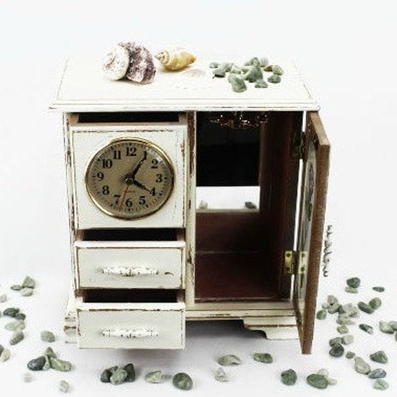 Wooden White Jewelry Box With Clock Beach Cottage by ShabbyShores
