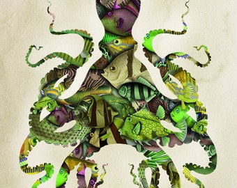 Green and Purple Fishy Octopus Illustration, Nautical Print Art Illustration Poster Digital Print Nautical Wall Art Wall Décor Hanging Beach