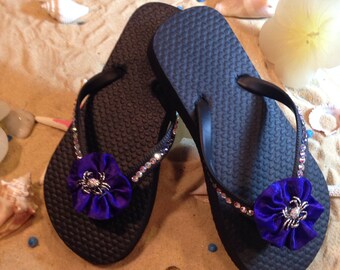 Gorgeous children's size 10/11 black flip flops with crab brooch! End of season SALE!