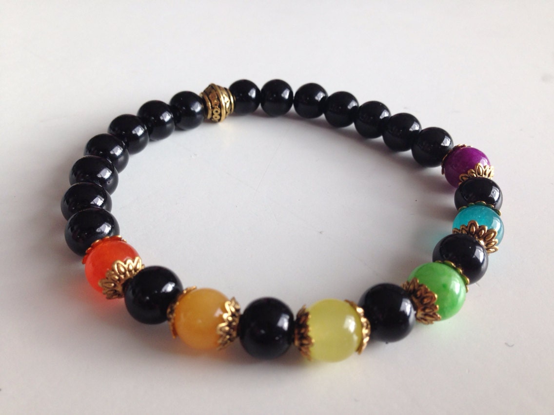 Jade rainbow chakra bracelet gold tone by GinasCreativeDesigns