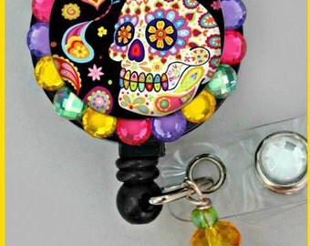 black colorful skull ID badge reel (E71)