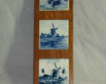 Three 2 x 2 Delft Souvenir Tiles inset into a Wood Frame