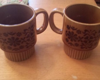 Vintage Brown Flower Design Made in Japan Stacking Mugs