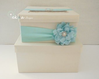 Wedding card box / money box / gift card holder / gift card box / 2 Tier (Ivory & Aqua)