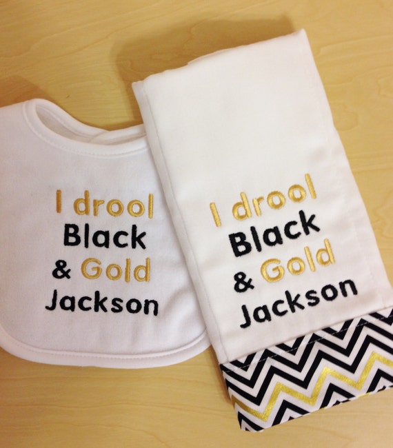 Items similar to I Drool Black & Gold Bib and Burp Cloth Set on Etsy