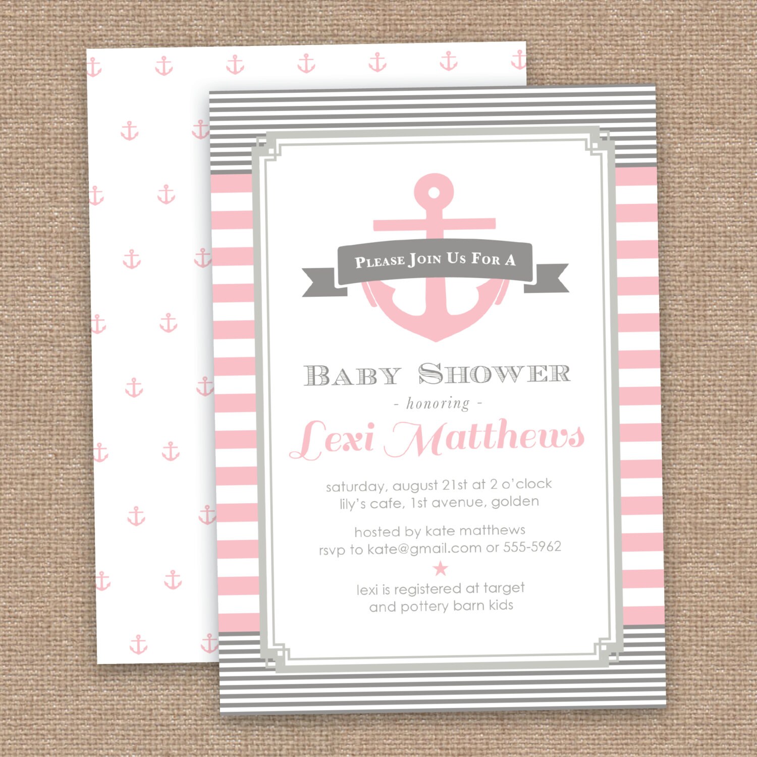 Nautical Girl Baby Shower Invitation Spring Pink and Gray