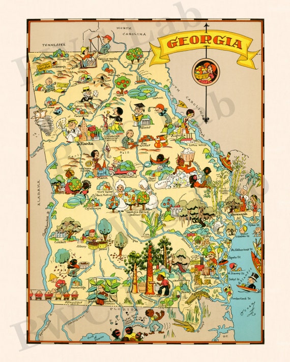 Pictorial Map of Georgia colorful fun illustration of