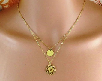 Double layer Gold necklace, Double layered lotus necklace, mandala necklace, gold flower necklace,disc necklace,layered necklace