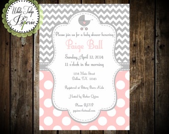 Pink and Gray Baby Shower invitation, Chevron and Polka Dot Baby Shower Invitation, Girl Baby Shower invitation, Digital shower invitation