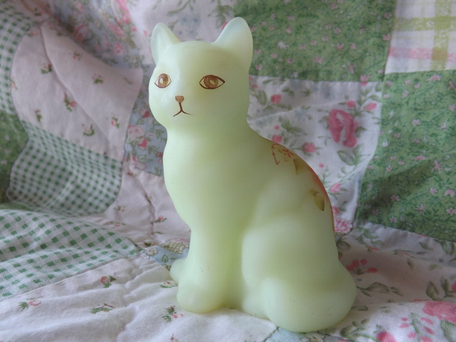 Fenton Hand Painted Custard Glass Cat by VintageManaged on Etsy