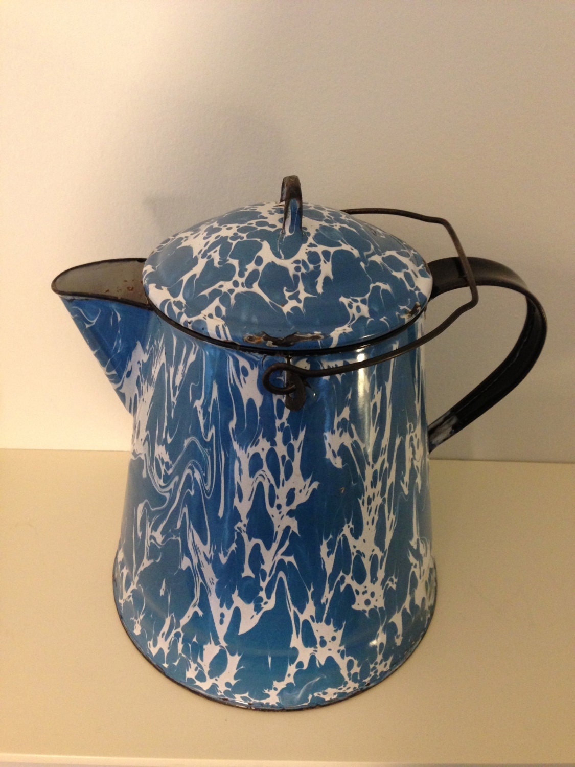 Blue and White Enamelware Coffee Pot with Lid and Handle