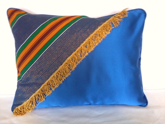 Decorative Pillow Royal Blue Satin and African Kente with