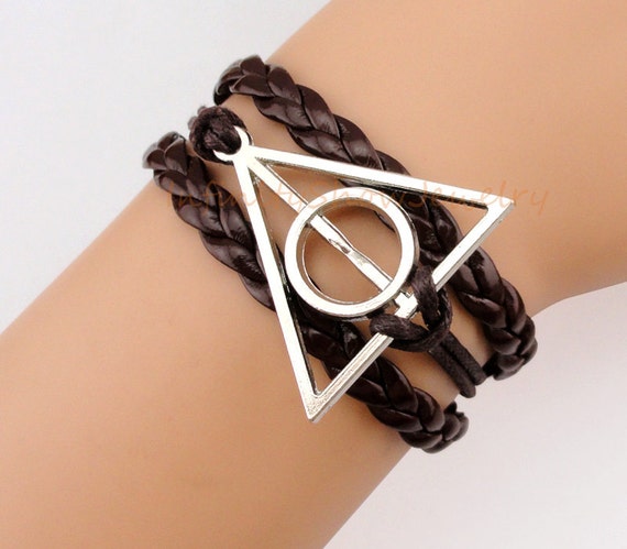 Deathly Hallows Charm Bracelet, Brown Wax Cord & Leather Braid, Harry Potter, Gift for Him, Christmas Gift, Friendship, Bridesmaid Gift