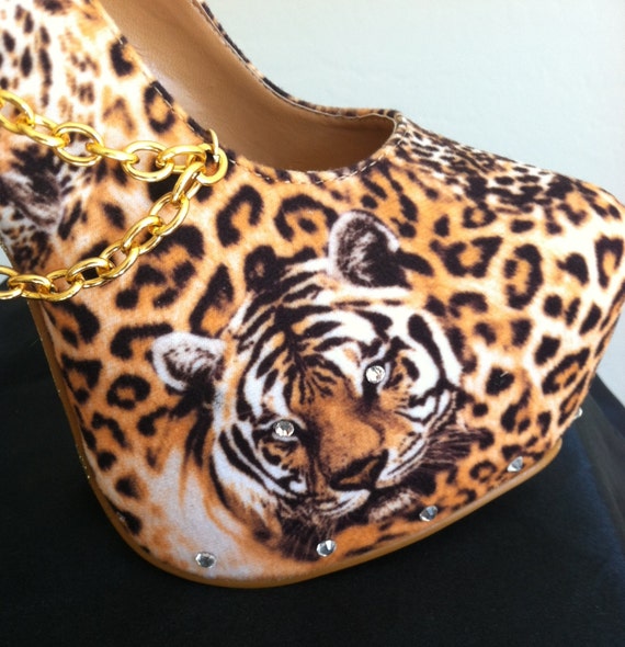 Items similar to Gold Animal Print High Heels with Chains, Rhinestones ...