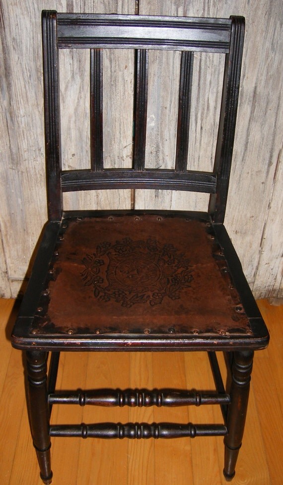Antique Black Accent Chair with Tooled Leather Seat / Vintage