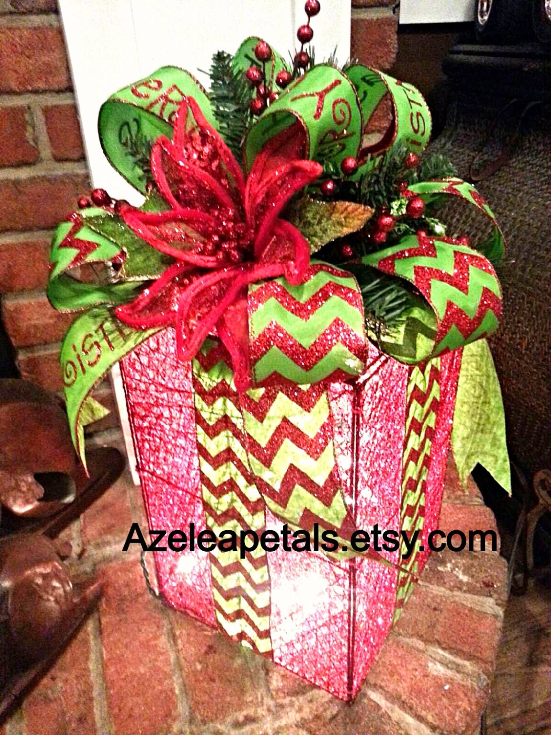 Christmas Present with Lights, Christmas arrangement, Christmas Present, Christmas Gift Box, Christmas Decor, Red and Lime