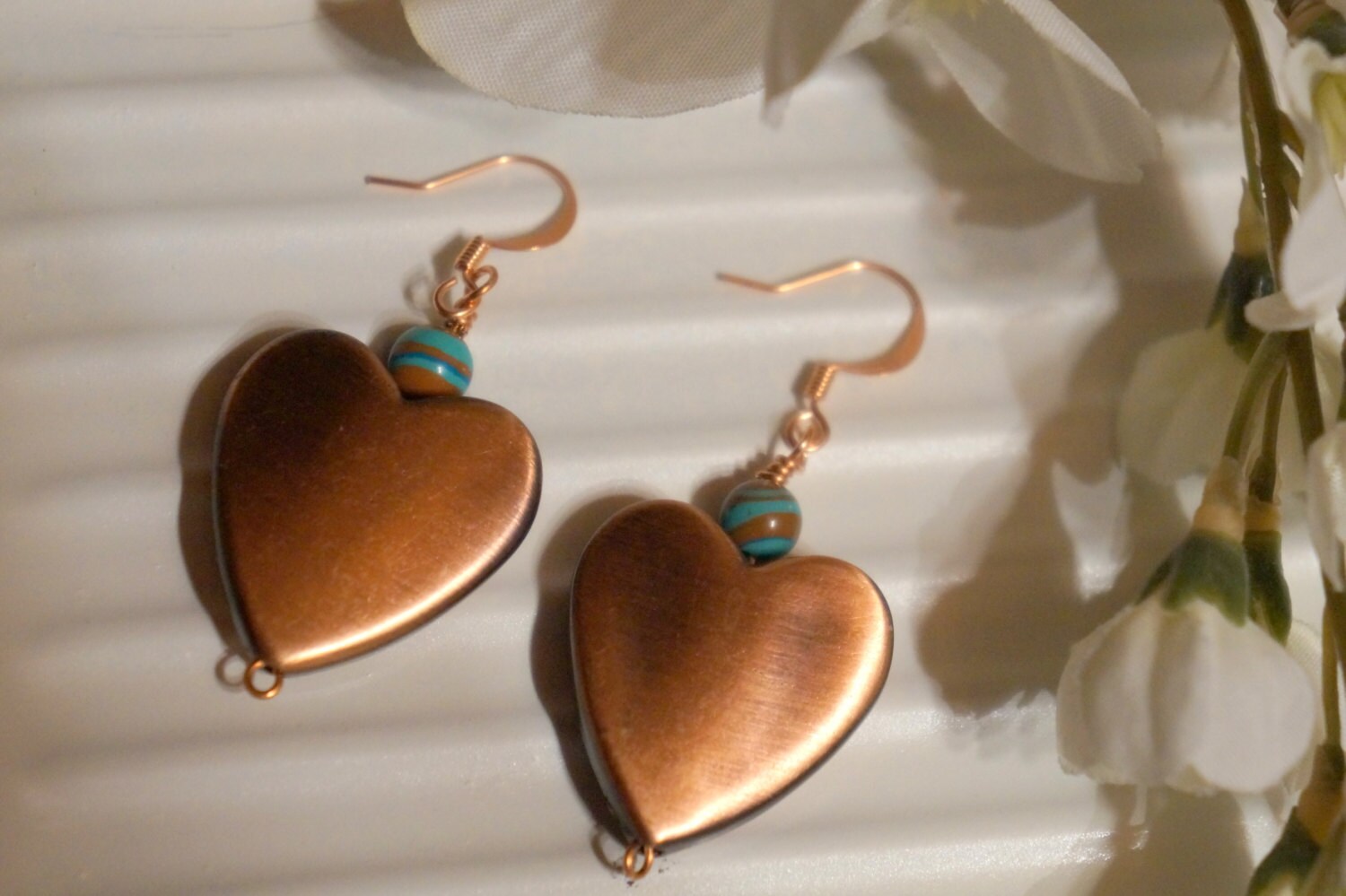 Heart earrings Copper earrings beaded earrings heart