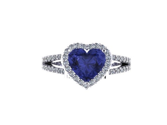 Diamond Engagement Ring Heart Shaped Blue Sapphire Engagement