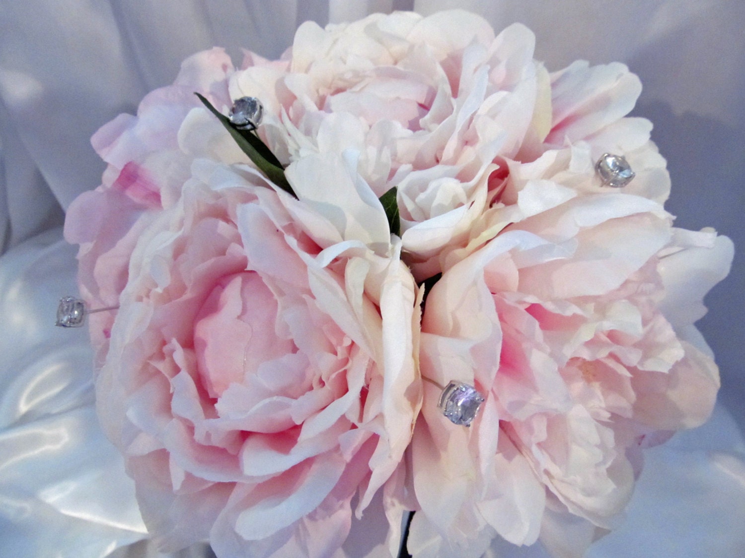 Beautiful Peony Garden Bouquet, Wrapped in Pewter Ribbon with a Silver and Pearl Brooch