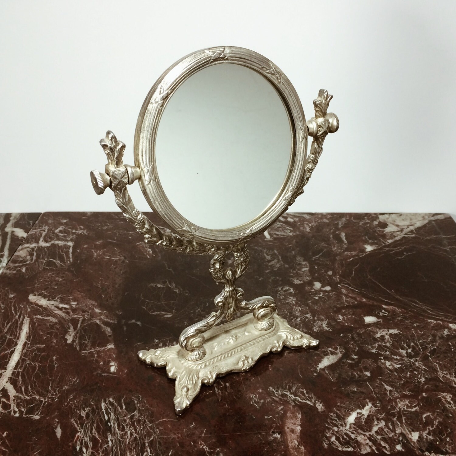 Vintage Silver Vanity Mirror with Stand and Reversible