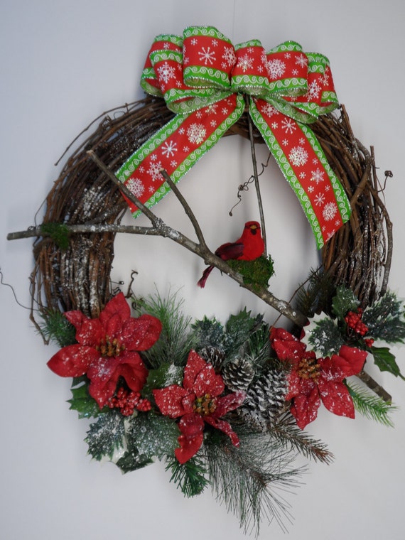 Items similar to Christmas Wreath, Red Bird Wreath, Grapevine Christmas