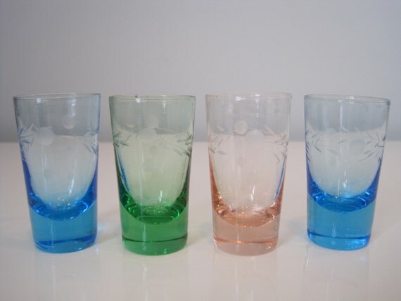 Items Similar To Vintage Multi Color Etched Shot Glasses Set Of 4 On Etsy