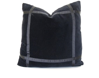 Black velvet pillow cover with black grosgrain ribbon trim