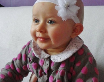 Headband baby baptism bridal wedding white tulle flower - Bandeau de tête pour bébé fleur de tulle blanche idéal baptéme mariage