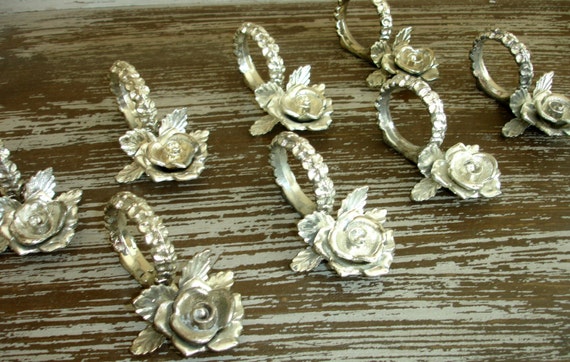 Vintage Pewter Silver Rose Napkin Rings Set of 8 Cast Metal