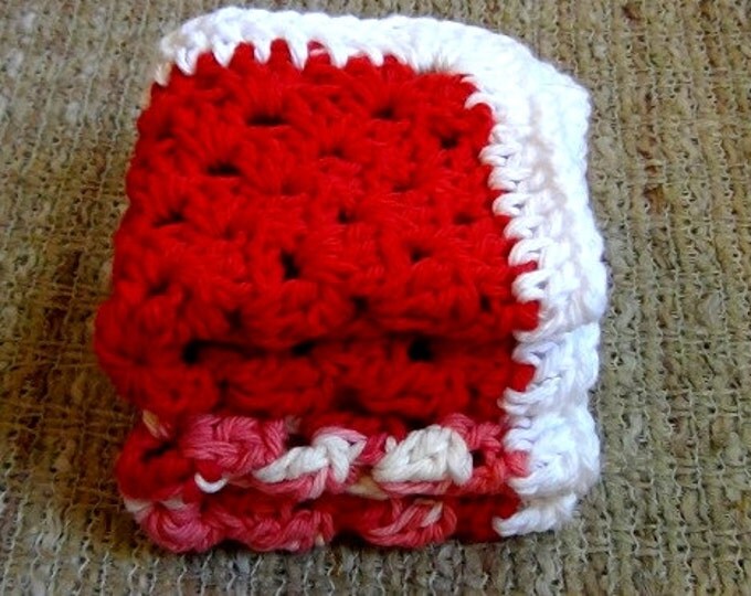Crochet Washcloth - Crochet Dishcloth - Eco Friendly Cleaning - Set of 2 - Red Cotton Granny Dish Cloths - Red Cotton Wash Cloths