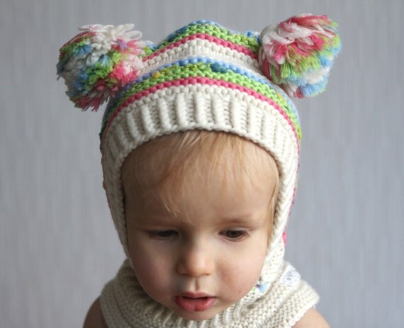 White Wool Toddler Balaclava Hat Knitted Hoodie Hat by NesyBaby