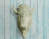 The Yellowstone in Sage - Faux Bison Head Taxidermy - Green Resin Animal Fake Fauxidermy Ceramic Wall Decor Plastic Decorative Buffalo Art