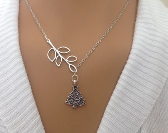 Lariat style Silver Branch and Christmas Tree Necklace