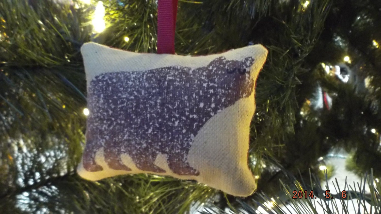 Primitive Burgundy Bear Stenciled Pillow Christmas Ornament FREE SHIPPING!