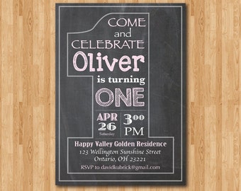 Chalkboard First Birthday Invitation. Boy or Girl Birthday Party Invite. Blue, Pink, Purple, any color. Printable Digital DIY