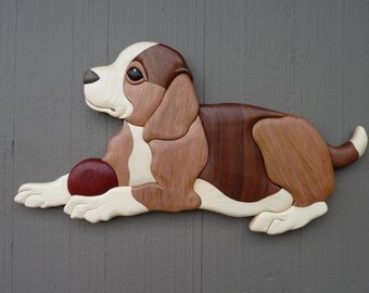 Beagle Puppy Wood Intarsia Wall Hanging
