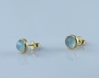 Aqua Green Chalcedony Gemstone Bezel Stud Earrings, Natural Gemstone Bezel Set Stud Earrings, Faceted Gemstone Earrings, Bezel Set Earrings