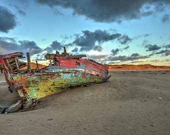 Shipwrecked - Sunken Boat - Old barge - wreck, landscape photography, shipwreck photograph