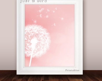 5x7 and 8x10 Dandelion art print, girls room decor, baby girl nursery decor, pink peach coral- INSTANT DOWNLOAD