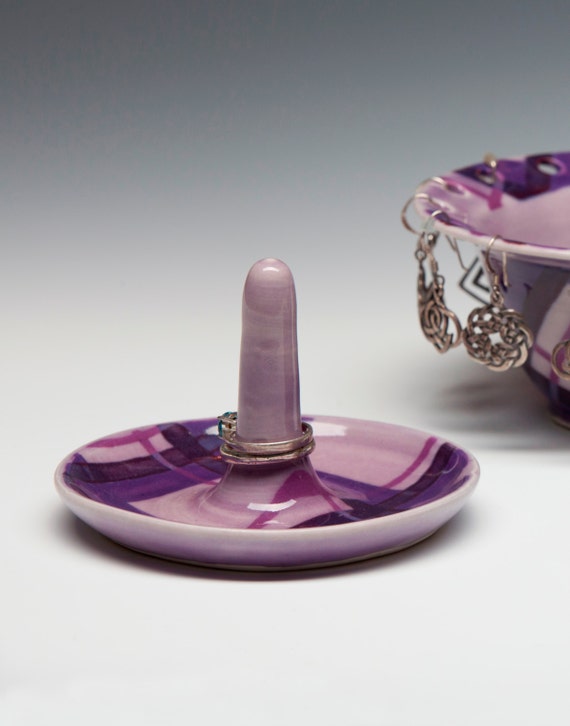 Purple Ring Holder, Porcelain Ring Holder, Plaid Pattern, Handcrafted Ceramic Ring Dish