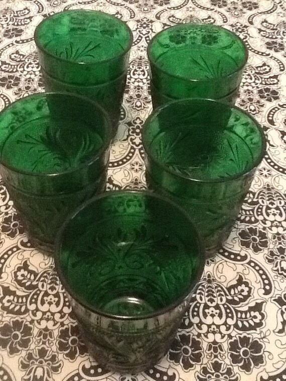 Vintage Green Glass Juice Glasses Set Of 5