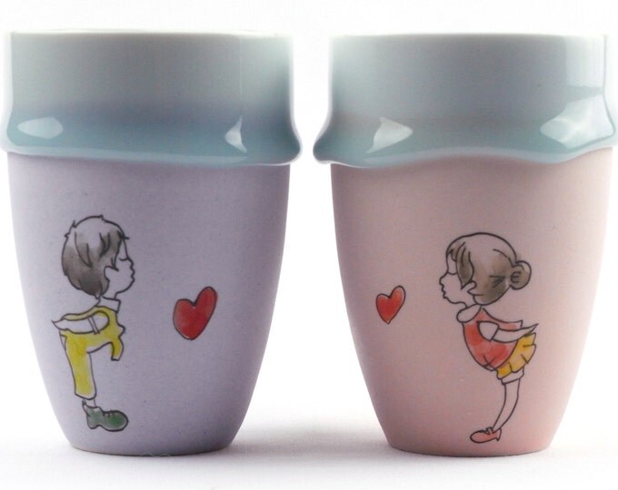 Creative Zakka Style Hand Painted Spilling Glaze Porcelain Couple Cups for Lovers Set of 2