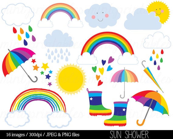 Rainbow Clipart Clip Art Rain Cloud Raindrops Sun Sky Stars
